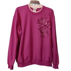 VINTAGE Sweatshirt Pink Size XL Flowers Roses Sparkle Beading Long‎ Sleeves